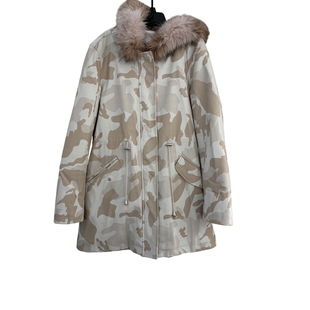 Donna Salyers Fabulous Furs Camo Parka Faux Fur Hood Jacket Tan Ivory M citywear